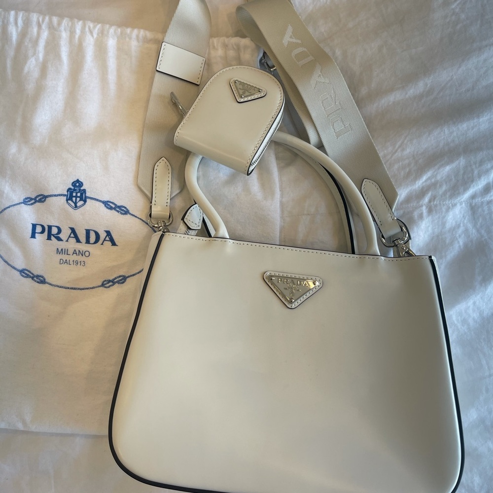 Prada Brushed Leather Shoulder Bag White